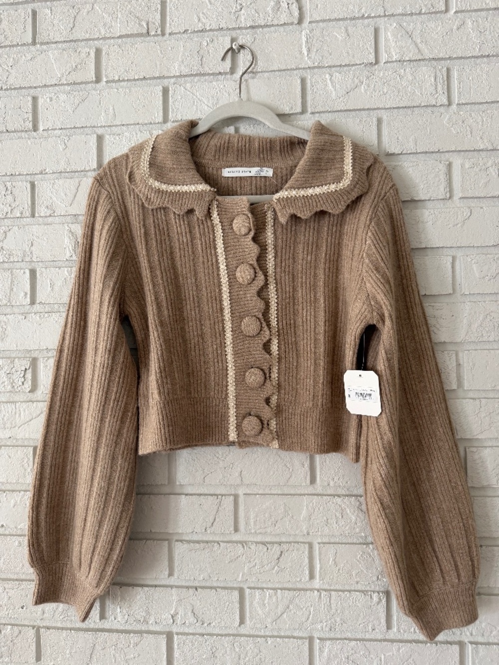 Altar'd State Women's Scalloped Cream and Tan Cardigan